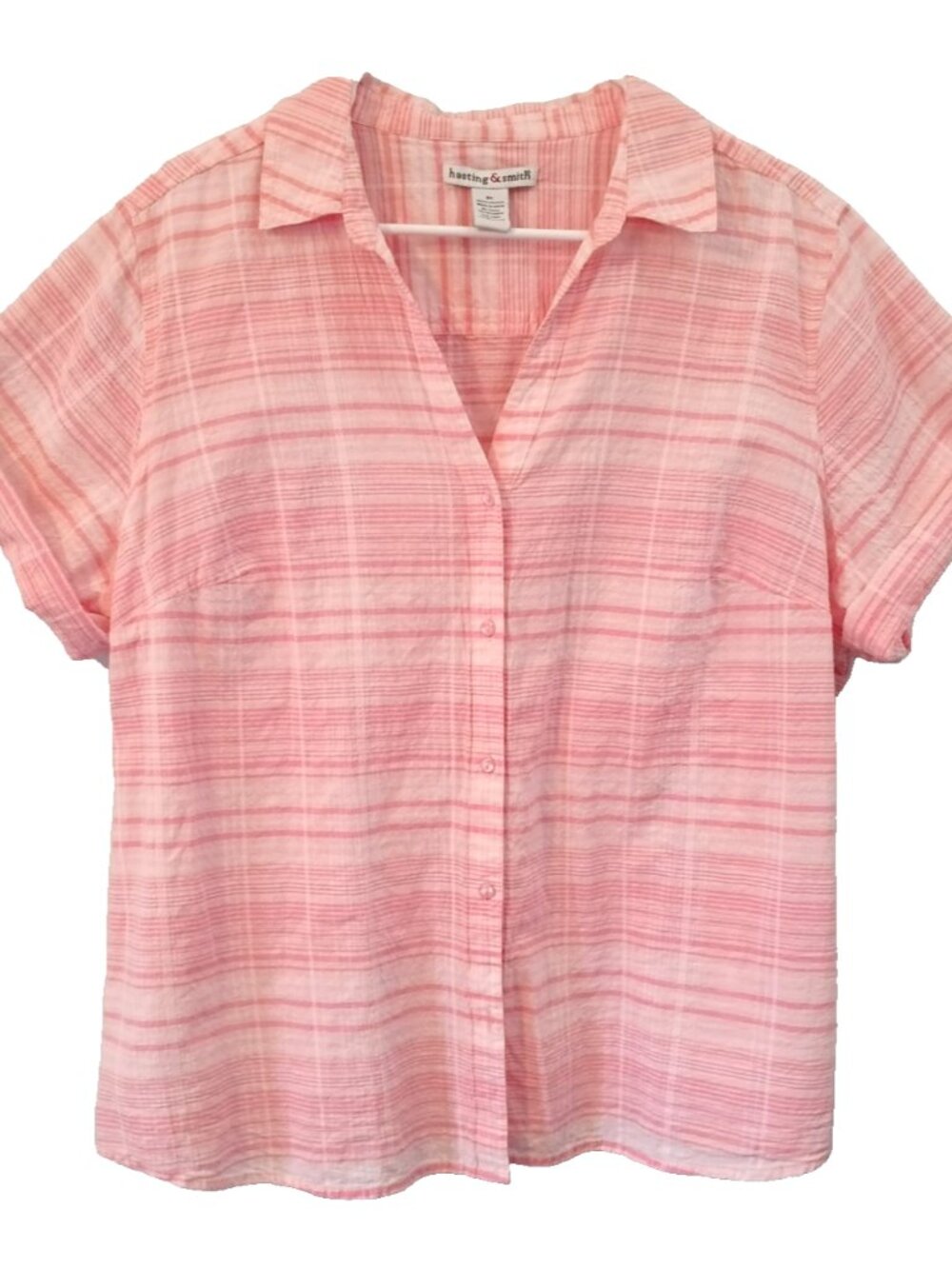 Hasting & Smith Women's Top Cotton Button Up Roll Tab Short Sleeve Pink- 2X